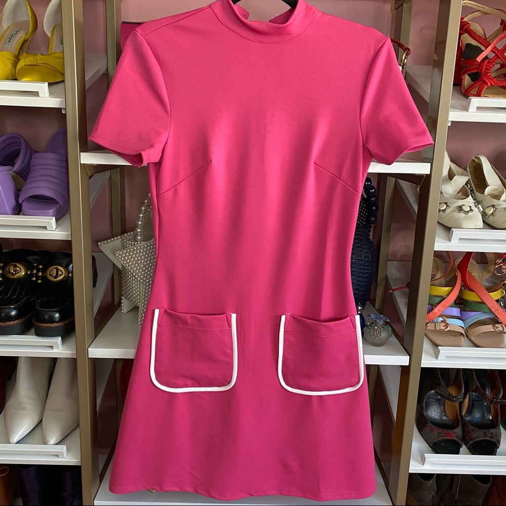 Hot Pink Mock Turtleneck 1960s Retro Dress